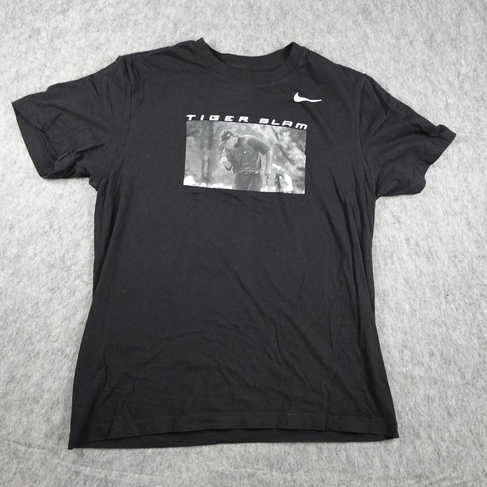 Nike Shirt Men Medium Black Tiger Slam Graphic Tee Golf Swoosh BV1997 00A Cotton
